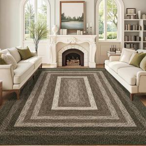 Garvee Extra Large Carpet Rug 10×13 Washable Rug with Braided Print for Living Room Bedroom, Foldable Non-Slip Low-Pile Stain Resistant Carpet for Playroom Dinning Room Apartment, Brown(Border-brown)