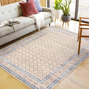 Garvee Extra Large Carpet Rug 10×13 Washable Rug with Braided Print for Living Room Bedroom, Foldable Non-Slip Low-Pile Stain Resistant Carpet for Playroom Dinning Room Apartment, Brown(Checked-beige)