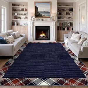 Garvee Extra Large Carpet Rug 10×13 Washable Rug with Braided Print for Living Room Bedroom, Foldable Non-Slip Low-Pile Stain Resistant Carpet for Playroom Dinning Room Apartment, Brown(Wide Border-navy)