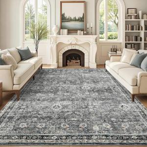 Garvee Extra Large Carpet Rug 10×13 Washable Rug with Braided Print for Living Room Bedroom, Foldable Non-Slip Low-Pile Stain Resistant Carpet for Playroom Dinning Room Apartment, Brown(Gray Green)
