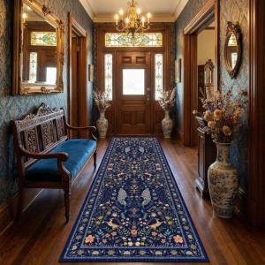 Garvee Floral 5×7 Area Rugs Washable Living Room Rug Soft Indoor Floral Animals Entryway Rug Non Slip Low Pile Accent Rugs for Bedroom Non-Shedding Stain Resistant Carpet for Kids Room Nursery Blue(Blue)