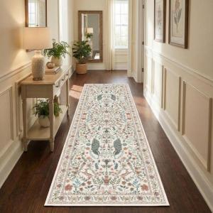 Garvee Floral 5×7 Area Rugs Washable Living Room Rug Soft Indoor Floral Animals Entryway Rug Non Slip Low Pile Accent Rugs for Bedroom Non-Shedding Stain Resistant Carpet for Kids Room Nursery Blue(Beige)