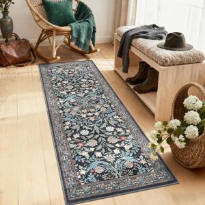 Garvee Floral 9×12 Area Rug,Plush Vintage Boho Large Living Room Carpet | Washable Non-Slip Stain Resistant Easy Clean Soft Rug for Bedroom Dining Room Farmhouse Home Office (Blue)(Black)