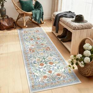 Garvee Floral 9×12 Area Rug,Plush Vintage Boho Large Living Room Carpet | Washable Non-Slip Stain Resistant Easy Clean Soft Rug for Bedroom Dining Room Farmhouse Home Office (Blue)(Beige)