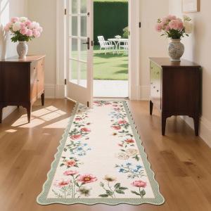 Garvee Floral Botanical 2×6 Runners for Hallways Washable Non Slip Scalloped Kitchen Rugs Low Pile Ultra Thin Stain Resistant Farmhouse Carpet for Bedside Entryway Laundry Bathroom, Taupe(Floral/Light Taupe)