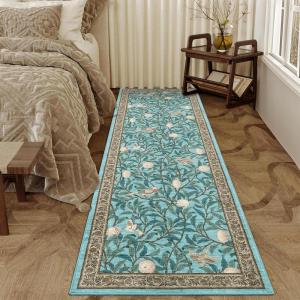Garvee Floral Botanical 2×6 Runners for Hallways Washable Non Slip Scalloped Kitchen Rugs Low Pile Ultra Thin Stain Resistant Farmhouse Carpet for Bedside Entryway Laundry Bathroom, Taupe(Leaf/Light Blue)