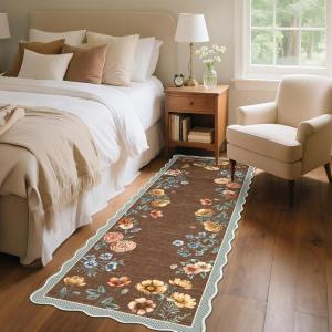 Garvee Floral Botanical 2×6 Runners for Hallways Washable Non Slip Scalloped Kitchen Rugs Low Pile Ultra Thin Stain Resistant Farmhouse Carpet for Bedside Entryway Laundry Bathroom, Taupe(Floral/Brown)