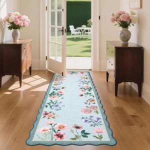 Garvee Floral Botanical 2×6 Runners for Hallways Washable Non Slip Scalloped Kitchen Rugs Low Pile Ultra Thin Stain Resistant Farmhouse Carpet for Bedside Entryway Laundry Bathroom, Taupe(Floral/Light Blue)
