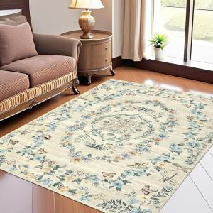 Garvee Floral Washable Rugs for Living Room 5×7 Area Rugs with Non Slip Backing, Low Pile Stain Resistant Floral Throw Carpet, Foldable Floor Mats for ‎‎Bedroom, Nursery, Beige
