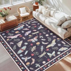 Garvee Floral Washable Scalloped Rugs 8×10 Non-Slip Soft Black Area Rugs for Living Room, Low Pile Stain Resistant Floral Carpet, Easy Clean Foldable Floor Mats for Dining Room, Home Office, Black(Insect-black)