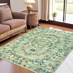 Garvee Floral Washable Scalloped Rugs 8×10 Non-Slip Soft Black Area Rugs for Living Room, Low Pile Stain Resistant Floral Carpet, Easy Clean Foldable Floor Mats for Dining Room, Home Office, Black(Green-floral)