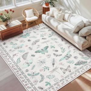 Garvee Floral Washable Scalloped Rugs 8×10 Non-Slip Soft Black Area Rugs for Living Room, Low Pile Stain Resistant Floral Carpet, Easy Clean Foldable Floor Mats for Dining Room, Home Office, Black(Insect-beige)