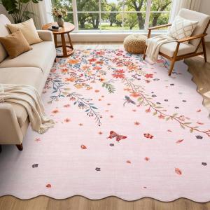 Garvee Floral Washable Scalloped Rugs 8×10 Non-Slip Soft Black Area Rugs for Living Room, Low Pile Stain Resistant Floral Carpet, Easy Clean Foldable Floor Mats for Dining Room, Home Office, Black(Pink-scalloped)
