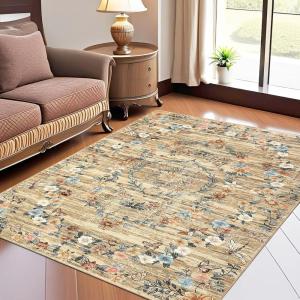 Garvee Floral Washable Scalloped Rugs 8×10 Non-Slip Soft Black Area Rugs for Living Room, Low Pile Stain Resistant Floral Carpet, Easy Clean Foldable Floor Mats for Dining Room, Home Office, Black(Brown-floral)