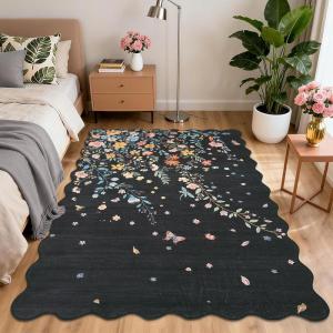 Garvee Floral Washable Scalloped Rugs 8×10 Non-Slip Soft Black Area Rugs for Living Room, Low Pile Stain Resistant Floral Carpet, Easy Clean Foldable Floor Mats for Dining Room, Home Office, Black(Black-scalloped)