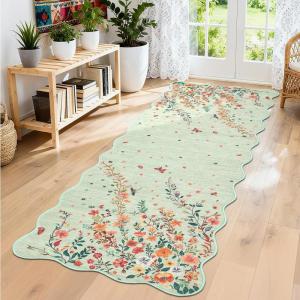 Garvee Floral Washable Scalloped Rugs 8×10 Non-Slip Soft Black Area Rugs for Living Room, Low Pile Stain Resistant Floral Carpet, Easy Clean Foldable Floor Mats for Dining Room, Home Office, Black(Green-scalloped)
