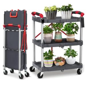 Garvee Folding Utility Service Cart, Collapsible Cart with Wheels, 3 Tier Rolling Utility Cart, Folding Cart with Wheels Collapsible, Service Cart for Tool, Cleaning, Bar, Garage, Kitchen, Office