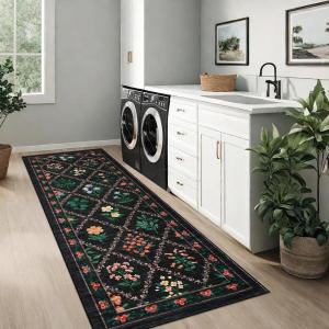 Garvee Geometric Area Rug 2×6 Modern Farmhouse Bathroom Rugs with Non Slip Backing, Low Pile Ultra Soft Trellis Floral Accent Carpet, Foldable Runners for Hallways, Bedrooms, Laundry Rooms, Green(Trellis|black)