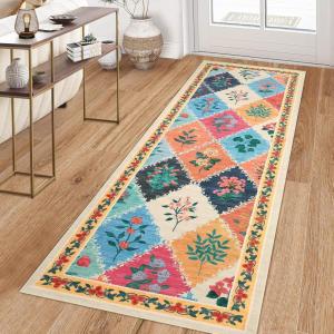 Garvee Geometric Area Rug 2×6 Modern Farmhouse Bathroom Rugs with Non Slip Backing, Low Pile Ultra Soft Trellis Floral Accent Carpet, Foldable Runners for Hallways, Bedrooms, Laundry Rooms, Green(Trellis|colorful)