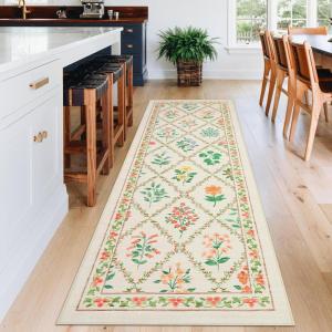 Garvee Geometric Area Rug 2×6 Modern Farmhouse Bathroom Rugs with Non Slip Backing, Low Pile Ultra Soft Trellis Floral Accent Carpet, Foldable Runners for Hallways, Bedrooms, Laundry Rooms, Green(Trellis|beige)