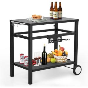 Garvee Grill Cart, Pizza Oven Stand, BBQ Prep Table with Wheels & Hooks, Side Handle, Double-Shelf Grilling Cart Tabletop Griddle Cooking Station for Bar, Patio, Camping, Home (Black)
