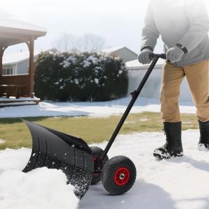 Garvee Heavy Duty Steel Snow Shovel Pusher with Wheels for Driveways, 29In Wide Push Snow Plow Shovel, Adjustable Handle, Angled Blade, Efficient Snow Removal for Easy Driveway & Pavement Clearing