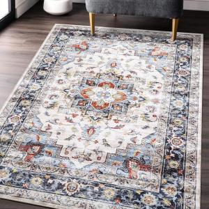 Garvee Living Room Area Rug 8×10 Area Rug Vintage Indoor Carpet Low Pile Stain Resistant Throw Carpet Non Slip Non Shedding for Bedroom Playroom Dining Room，Orange(Vintage3 – Blue)