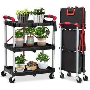 Garvee Mobile Folding Trolley, Portable Service Cart, 3 Tier Utility Cart, Collapsible Utility Carts for Office, Warehouse, and Home, 56 LBS Load Capacity per Shelf