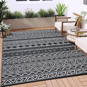 Garvee Outdoor Rugs 8×10 Waterproof for Patios Clearance, Plastic Straw Mats for Backyard, Porch, Deck, Balcony, Reversible, Black + White(Black + White)