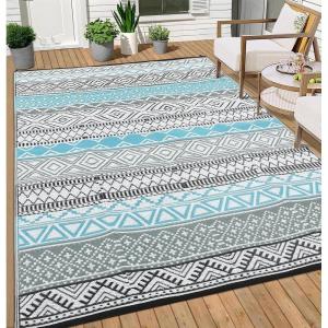 Garvee Outdoor Rugs 8×10 Waterproof for Patios Clearance, Plastic Straw Mats for Backyard, Porch, Deck, Balcony, Reversible, Black + White(Blue + Grey)