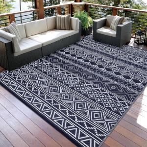 Garvee Outdoor Rugs 8×10 Waterproof for Patios Clearance, Plastic Straw Mats for Backyard, Porch, Deck, Balcony, Reversible, Black + White(Dark Blue + White)
