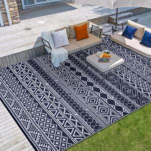 Garvee Outdoor Rugs 8×10 Waterproof for Patios Clearance, Plastic Straw Mats for Backyard, Porch, Deck, Balcony, Reversible, Black + White(Dark Blue & White)