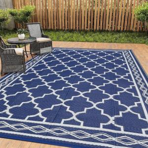 Garvee Outdoor Rugs 8×10 Waterproof for Patios Clearance, Plastic Straw Mats for Backyard, Porch, Deck, Balcony, Reversible, Black + White(Dark Blue/White)