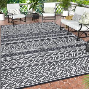 Garvee Outdoor Rugs 8×10 Waterproof for Patios Clearance, Plastic Straw Mats for Backyard, Porch, Deck, Balcony, Reversible, Black + White(Gray & White)