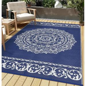 Garvee Outdoor Rugs 8×10 Waterproof for Patios Clearance, Plastic Straw Mats for Backyard, Porch, Deck, Balcony, Reversible, Black + White(Navy+white)