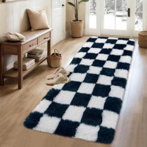 Garvee Plush Fuzzy 9×12 Area Rugs for Living Room, Washable Plush Checkered Rug for Bedroom, Modern Shag Rainbow Rugs Non Slip Soft Furry Large Carpet for Kids Room Nursery Home Decor(Navy Blue)
