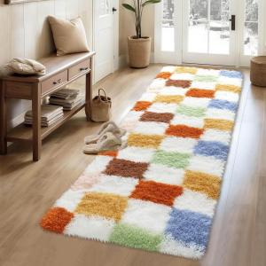 Garvee Plush Fuzzy 9×12 Area Rugs for Living Room, Washable Plush Checkered Rug for Bedroom, Modern Shag Rainbow Rugs Non Slip Soft Furry Large Carpet for Kids Room Nursery Home Decor(Colorful)