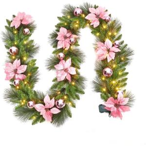 Garvee Pre-Lit Christmas Garland with LED Lights, Lighted Garland with Flower Cypress Leaves Christmas Ball, Indoor Outdoor Xmas Decoration, 9 ft/ 108 in, Red(Pink)