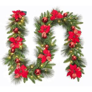 Garvee Pre-Lit Christmas Garland with LED Lights, Lighted Garland with Flower Cypress Leaves Christmas Ball, Indoor Outdoor Xmas Decoration, 9 ft/ 108 in, Red(Red)