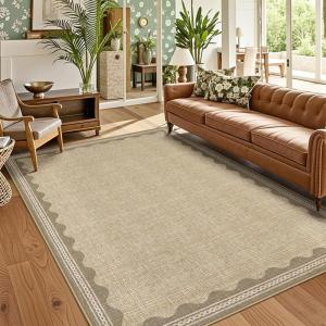 Garvee Scalloped Jute Rug 5×7 Washable Living Room Rug Non Slip Modern Rugs Ultra Soft Non Shedding Floor Cover Low Pile Stain-Resistant Bordered Print Carpet for Bedroom Kids Room Dorm, Jute