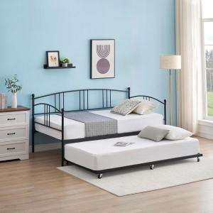 Garvee Twin Metal Daybed with Trundle, Pullout Trundle Bed Frame with Arched Headboard, Guest Sofa Bed with Steel Slat Support, No Box Spring Required, Easy Assembly, Black(Black)