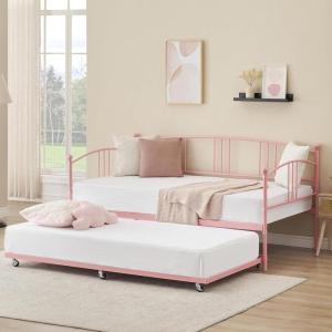 Garvee Twin Metal Daybed with Trundle, Pullout Trundle Bed Frame with Arched Headboard, Guest Sofa Bed with Steel Slat Support, No Box Spring Required, Easy Assembly, Black(Pink)
