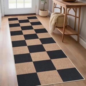 Garvee Washable Easy Jute Rug 5×7 Modern Striped Living Room Rug with Non-Slip Backing, Non Shedding Neutral Floor Mats, Indoor Outdoor Carpet for Bedroom, Patio, Backyard, Brown(Checkerboard|black&brown)