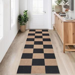 Garvee Washable Easy Jute Rug 5×7 Modern Striped Living Room Rug with Non-Slip Backing, Non Shedding Neutral Floor Mats, Indoor Outdoor Carpet for Bedroom, Patio, Backyard, Brown(Checkered|black/Brown)