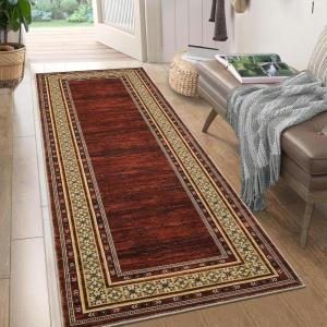 Garvee Washable Rug 10×13 Living Room Area Rug Geometric Bordered Bedroom Rugs Indoor Modern Floor Carpet Low Pile Non Slip Throw Rugs Distressed Home Decor Rug for Dining Room Office, Blue(Red)