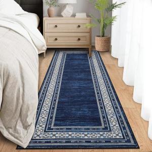 Garvee Washable Rug 10×13 Living Room Area Rug Geometric Bordered Bedroom Rugs Indoor Modern Floor Carpet Low Pile Non Slip Throw Rugs Distressed Home Decor Rug for Dining Room Office, Blue(Blue)