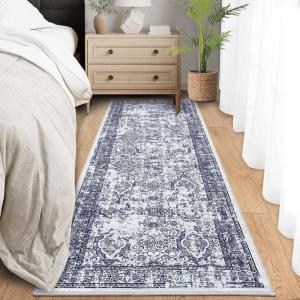 Garvee Washable Runner Rugs 2×6 Vintage Hallway Runner Traditional Floral Rugs Non Slip Entryway Runner Distressed Oriental Area Rugs Low Pile Floor Cover for Kitchen Bathroom Laundry Mat, Brown(Blue)