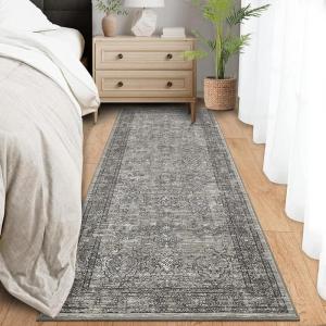 Garvee Washable Runner Rugs 2×6 Vintage Hallway Runner Traditional Floral Rugs Non Slip Entryway Runner Distressed Oriental Area Rugs Low Pile Floor Cover for Kitchen Bathroom Laundry Mat, Brown(Brown)