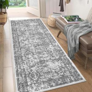 Garvee Washable Runner Rugs 2×6 Vintage Hallway Runner Traditional Floral Rugs Non Slip Entryway Runner Distressed Oriental Area Rugs Low Pile Floor Cover for Kitchen Bathroom Laundry Mat, Brown(Grey)