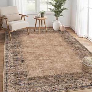 Garvee Washable Solid 8×10 Rugs for Living Room Bedroom,Non Slip Stain-Resistant Border Scalloped Rug for Dining Room Office,Low-Pile Soft Neutral Carpets for Under Table Farmhouse Playroom, Beige(Border|brown)